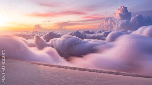 Fototapeta Surreal dreamy landscape of pastel clouds flowing over sand dunes at sunrise