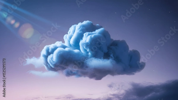 Fototapeta Surreal fluffy blue cloud floating in twilight sky with soft starlight and lens flares