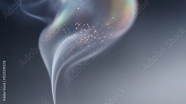 Fototapeta Delicate swirl of iridescent smoke with glowing particles suspended in soft gradient space