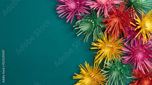 Fototapeta Colorful paper chrysanthemums arranged in corner composition on teal background with vibrant festive energy. Backdrop, border, frame, postcard. Stylish minimalist modern design. Copy space