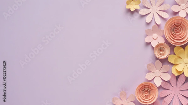 Fototapeta Paper craft pastel flowers arranged vertically on lavender background with copy space for feminine creative design and spring themes