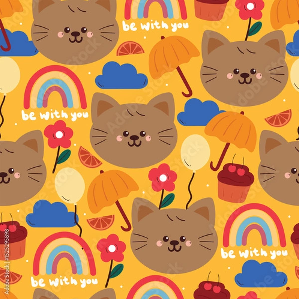 Fototapeta seamless pattern cute cartoon cat with sky elements. animal drawing for wallpaper and gift wrap paper