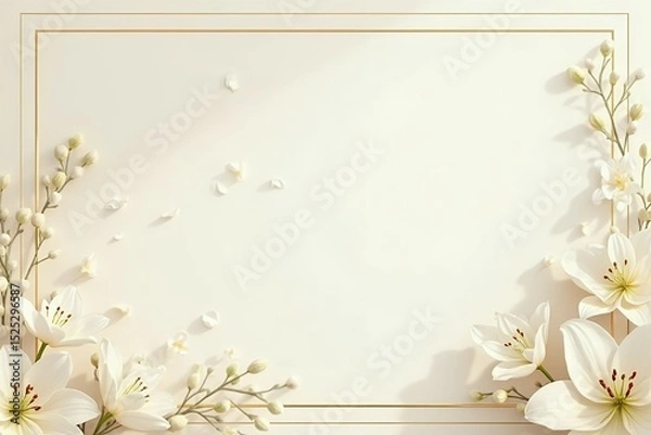 Fototapeta A soft ivory invitation background with champagne-tinted golden frames and white flowers.