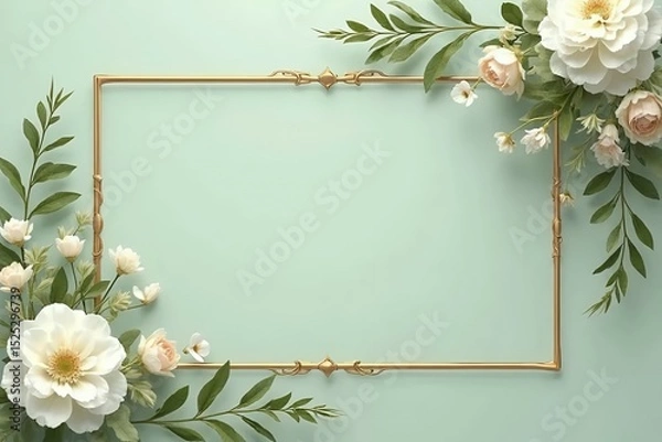 Fototapeta Light sage green invitation background with gold frame. 