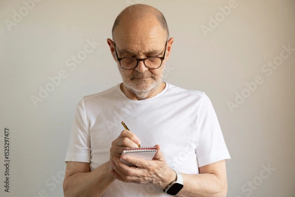 Obraz Senior Man Writing Notes in a Notebook While Reflecting Thoughtfully