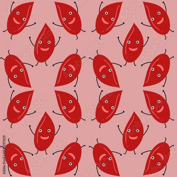 Fototapeta Red blood drop characters seamless pattern with expressive faces and waving arms, arranged on a soft pink background. Ideal for medical-themed designs, children’s educational materials, blood donation