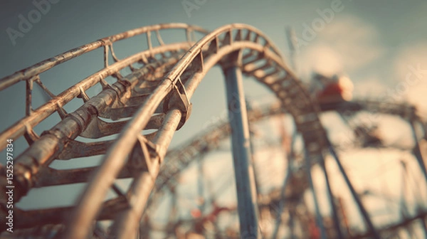 Fototapeta old rusty rollercoaster in abandoned amusement park — suitable for dystopian design themes, horror concepts, or documentaries on urban decay