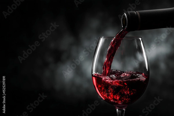 Fototapeta luxurious red wine being poured into a glass on black background — great for upscale branding, gourmet menus, or elegant lifestyle content, copy text