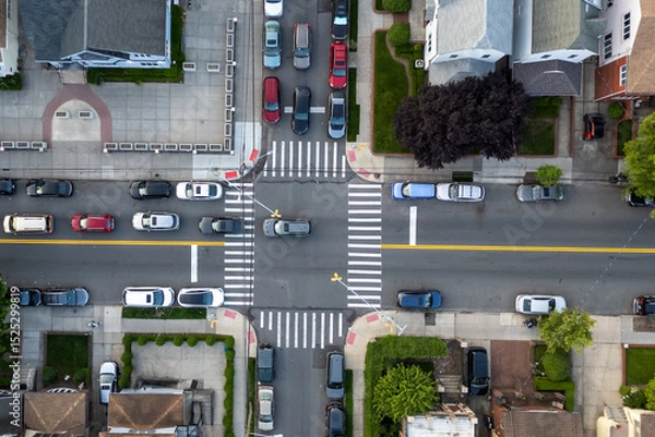 Fototapeta Cars moving through a busy street intersection with pedestrians using the crosswalk.