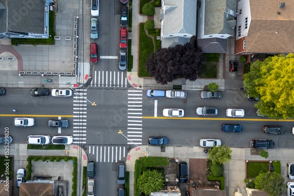 Fototapeta Cars at a street intersection separated by a yellow line.