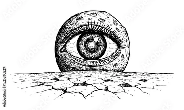 Fototapeta A surreal drawing of a large eye on a moon like sphere sitting on a cracked surface in black and white, textured dry earth line work.