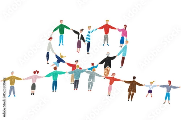 Fototapeta 手描きイラスト　ハートの形を作りながら手をつなぐ人々	