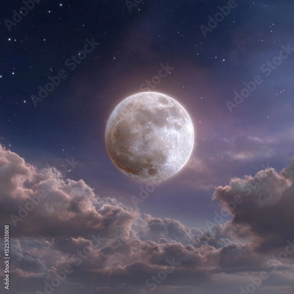 Fototapeta Bright Full Moon Over Fluffy Clouds in a Starry Night Sky