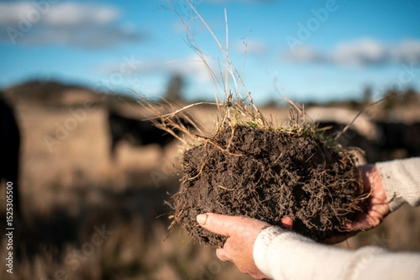 Obraz female soil scientist agronomist farmer looking at soil samples and grass in a field in spring. looking at growth of plants and soil health