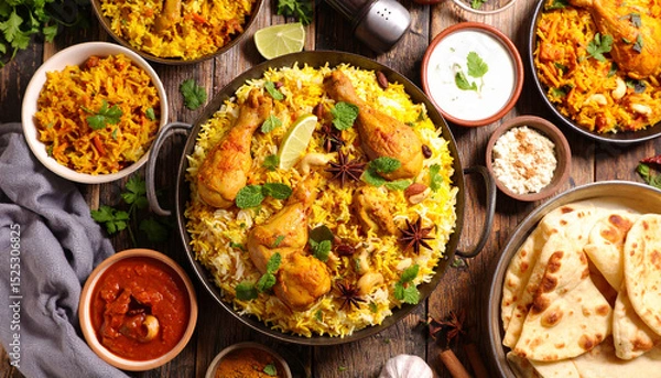 Obraz Top View of Hyderabadi Chicken Biryani – Traditional North Indian Dum Biryani Dish