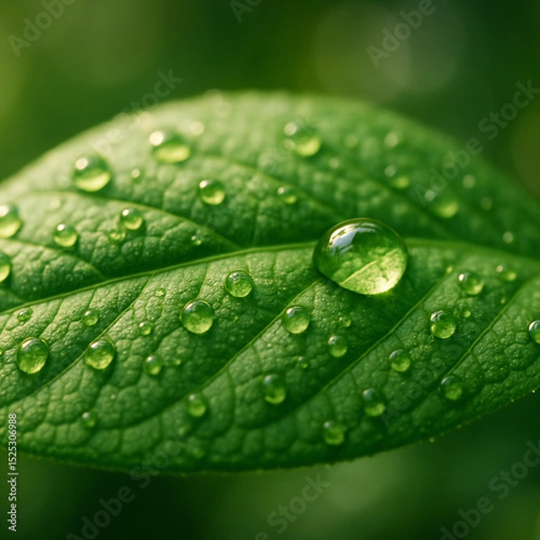 Fototapeta Square macro shot of a green leaf with water droplets and soft bokeh