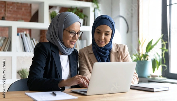 Obraz Two Happy Muslim Female Employees Collaborating in Modern Office Environment