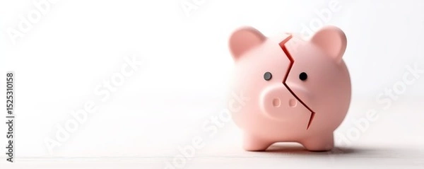 Fototapeta financial trouble debt struggle concept. Broken piggy bank symbolizes financial struggle or savings issues.