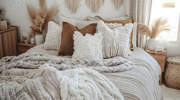 Fototapeta Serene bedroom scene featuring bohemian elements and textured layers of comfort