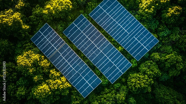 Fototapeta Solar panels on roofs and in green fields generate clean, renewable electricity from the sun