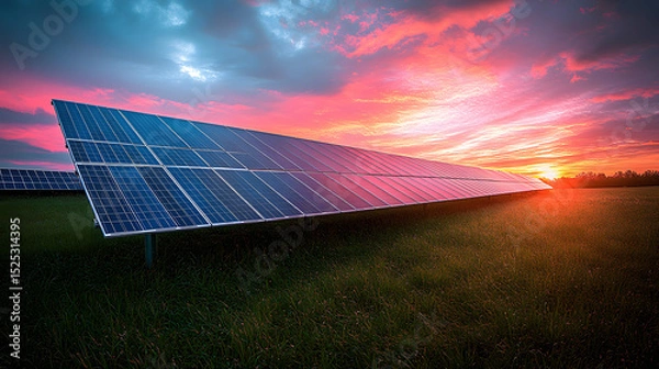 Fototapeta Blue solar panels on the field produce clean energy from sunlight, an alternative technology for the green environment
