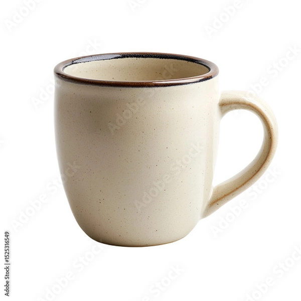 Fototapeta A simple, elegant, ceramic mug of light beige with a dark rim sits isolated against a soft background. The mug's design evokes a sense of tranquility.