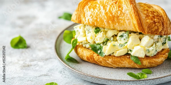 Fototapeta A croissant is filled with a creamy egg salad, garnished with herbs, and placed on a plate. Savory breakfast or brunch sandwich