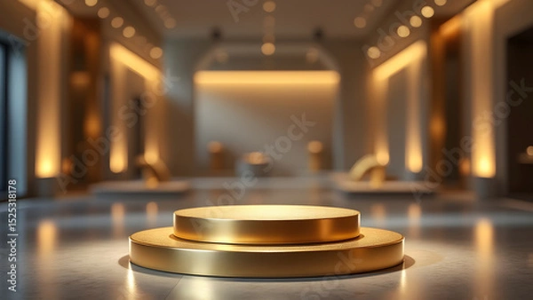 Fototapeta Golden round podium in elegant modern interior with warm lighting and blurred background creating luxurious atmosphere