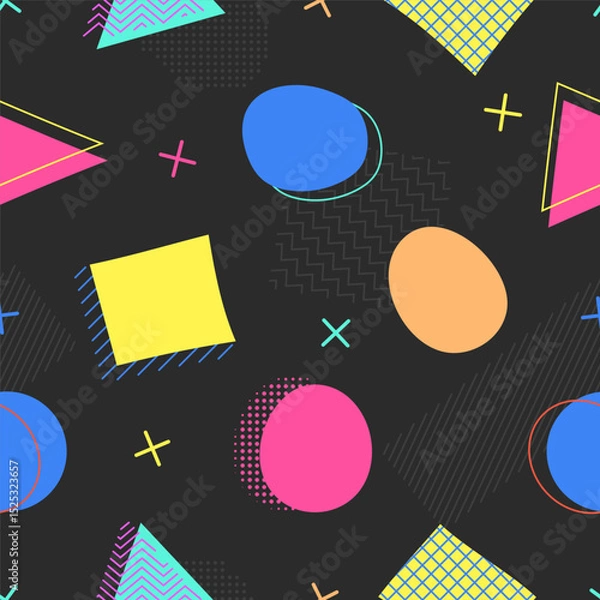 Fototapeta Retro 80s Seamless Pattern with Colorful Geometric Shapes. Memphis Style Geometric Background