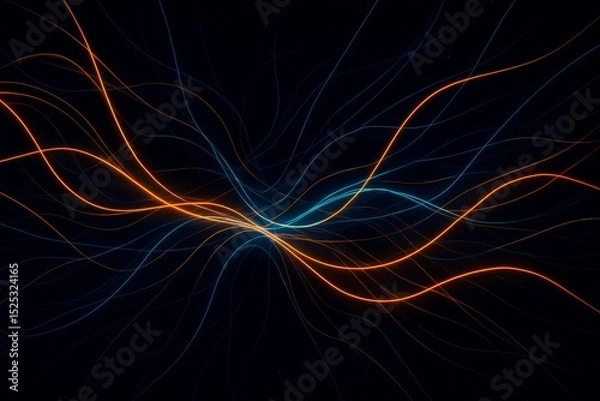 Fototapeta Quantum Entanglement Wave Lines. Abstract visualization of quantum entanglement represented by intertwining glowing orange and blue lines on dark background.