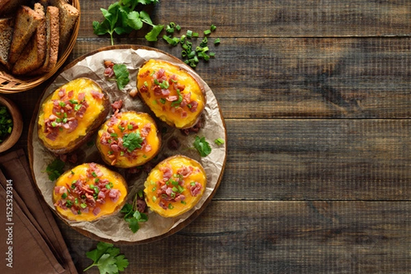 Fototapeta Baked stuffed potatoes with bacon, green onion and cheddar cheese
