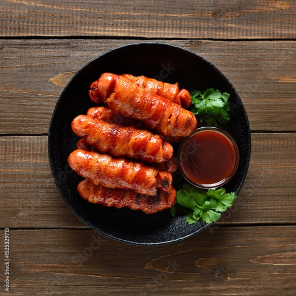 Fototapeta Bacon wrapped sausages with barbecue sauce