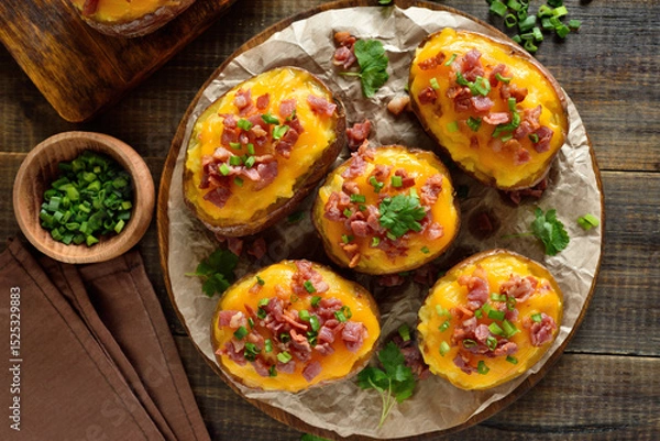 Fototapeta Baked stuffed potatoes with bacon, green onion and cheddar cheese