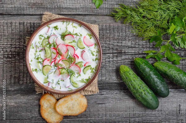 Fototapeta Homemade summer yoghurt cold soup with radish, cucumber, and dill