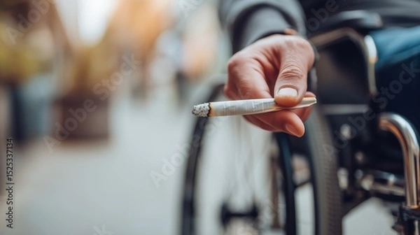Obraz Medical cannabis use for pain relief highlighted by wheelchair user holding a rolled cigarette