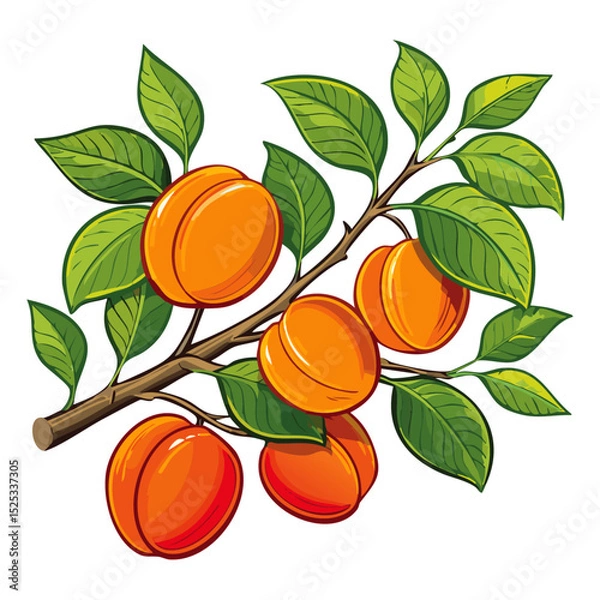 Obraz Apricots on a branch color vector illustration. Summer ripe fruits on a branch for packaging and design.