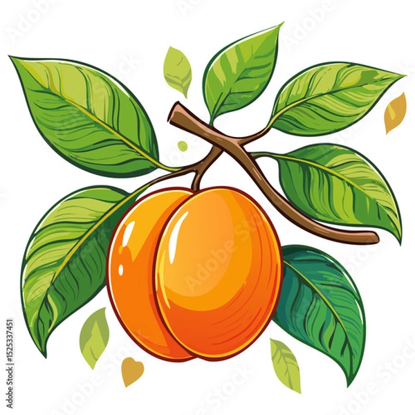 Obraz Apricot on a branch color vector illustration. Summer ripe fruit on a branch for packaging and design.
