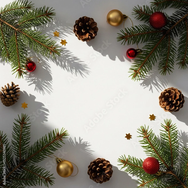 Fototapeta Festive Christmas decoration flat lay featuring styled fir branches, rustic pine cones, and delicate ornaments arranged artfully on a bright white background