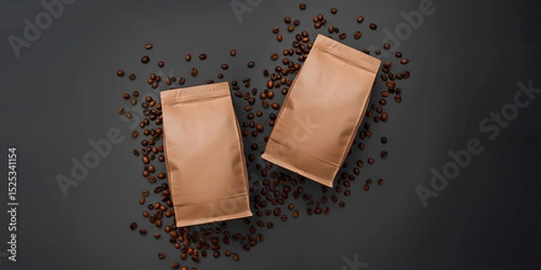 Fototapeta Embalagens de café recicladas e vedadas sobre vários grãos de café torrados, sobre fundo cinza escuro. Modelo com dois pacotes de café