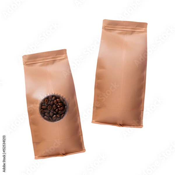 Fototapeta Embalagem bege de café feita de papel, com e sem espaço plástico no centro mostrando os grãos de café