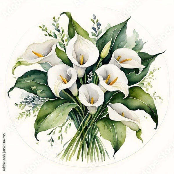 Fototapeta Watercolor painting with a bouquet of calla lilies in a circle.