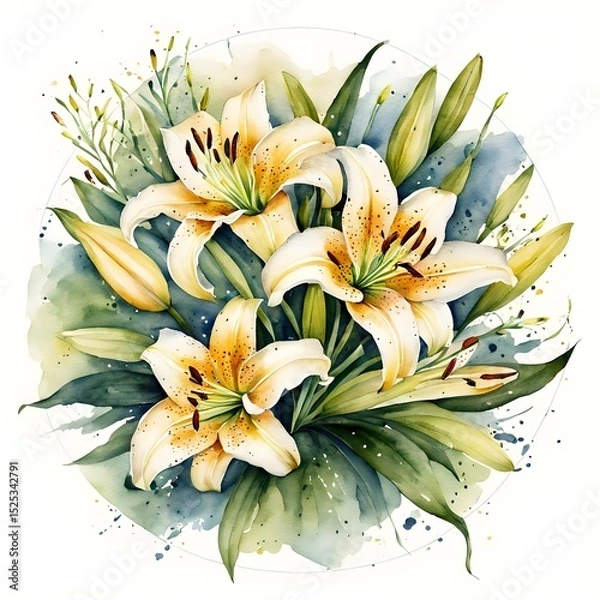 Fototapeta Watercolor painting with a bouquet of lilies in a circle.