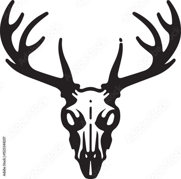 Fototapeta A bold black vector of a deer skull with large antlers, featuring minimalist shading and sharp lines.