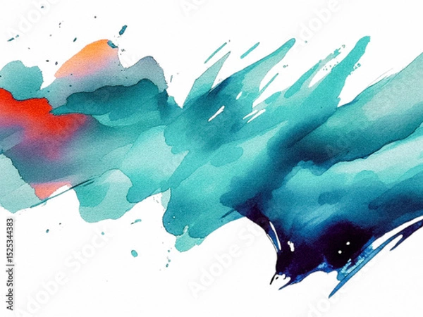 Fototapeta Abstract watercolor splash with turquoise and coral gradient brush stroke on white background for modern design, art print, and creative project illustration