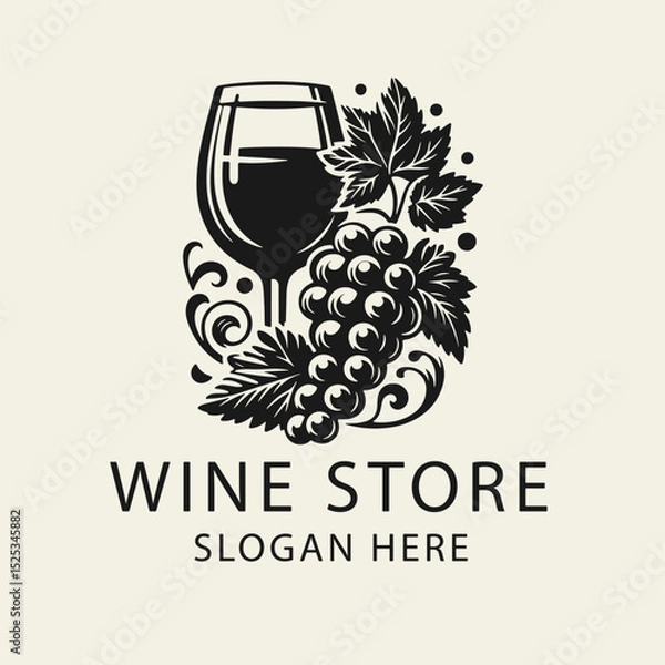 Fototapeta Elegant black and white flat vector logo illustration for a wine shop, featuring a stylized grape cluster with leaves and a wine glass