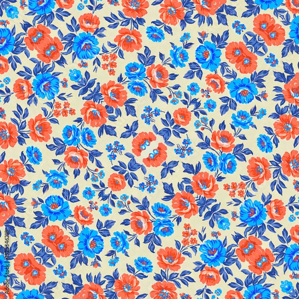 Fototapeta Pano de mesa da vovô, com cores claras e pasteis, azul, vermelho e bege claro. Estampa de flores vintage