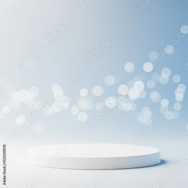 Fototapeta White cylindrical podium on a light blue background with soft golden bokeh lights. Elegant stage creating a magical and serene display. Perfect for beauty or festive product showcases.