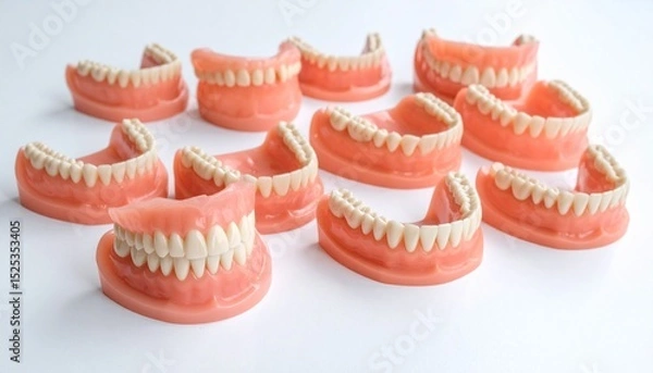Fototapeta Complete Denture Set A Collection of Full Denture Models on White Background
