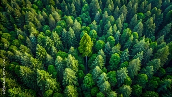 Obraz Aerial view of a dense forest with the tallest tree standing out