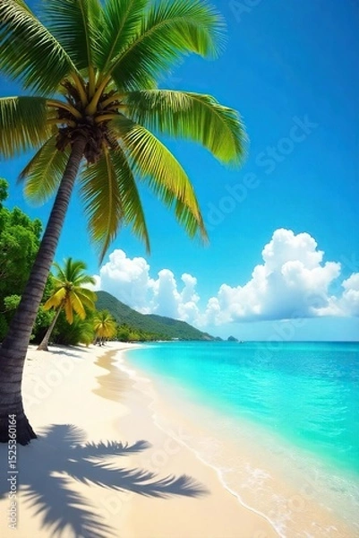 Fototapeta A vibrant summer scene featuring sun-drenched beach, clear turquoise water, and lush green palm trees swaying gently in the breeze, signaling the start of a carefree season , paradise, hot, escape